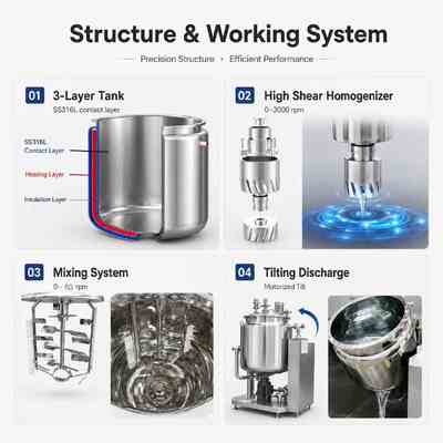 50-200L Vacuum Homogenizing Emulsifier Mixer Cosmetic Cream Lotion Machine