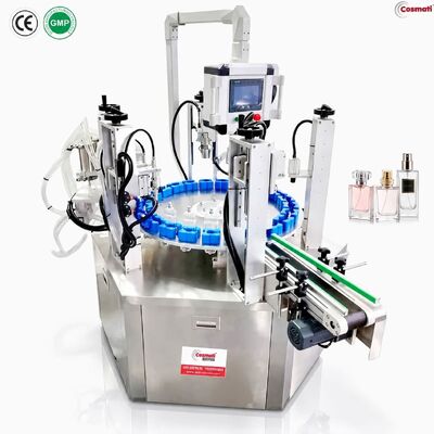 Automatic Rotary Perfume Filling Machine Fragrance Oil Bottle Cleaning Crimping Collaring Line